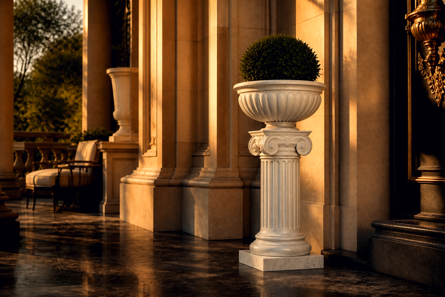 Tuscolo — white marble urn planter on an Ionic column by 1-OPH