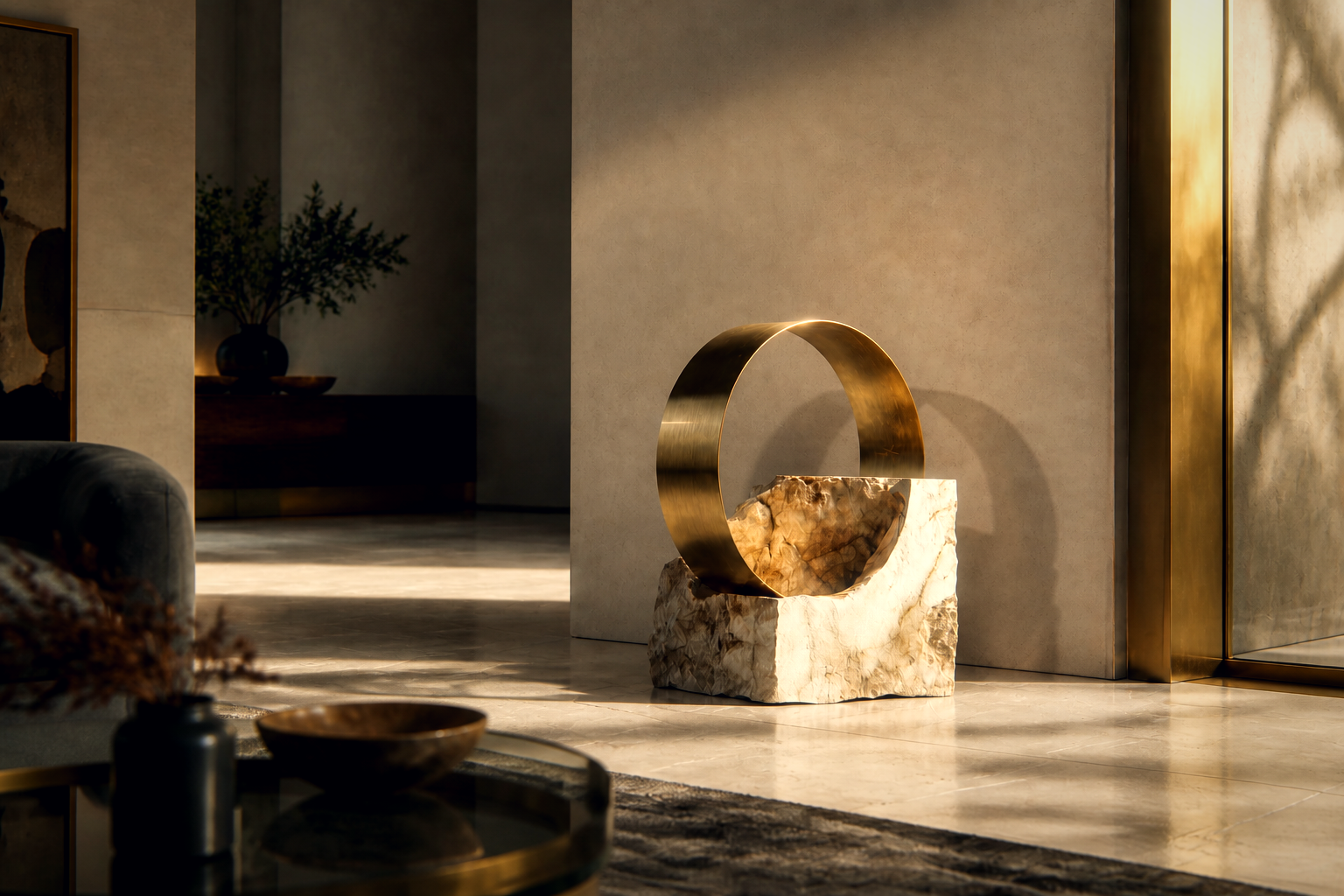 Menkar — Brass and limestone sculpture by 1-OPH
