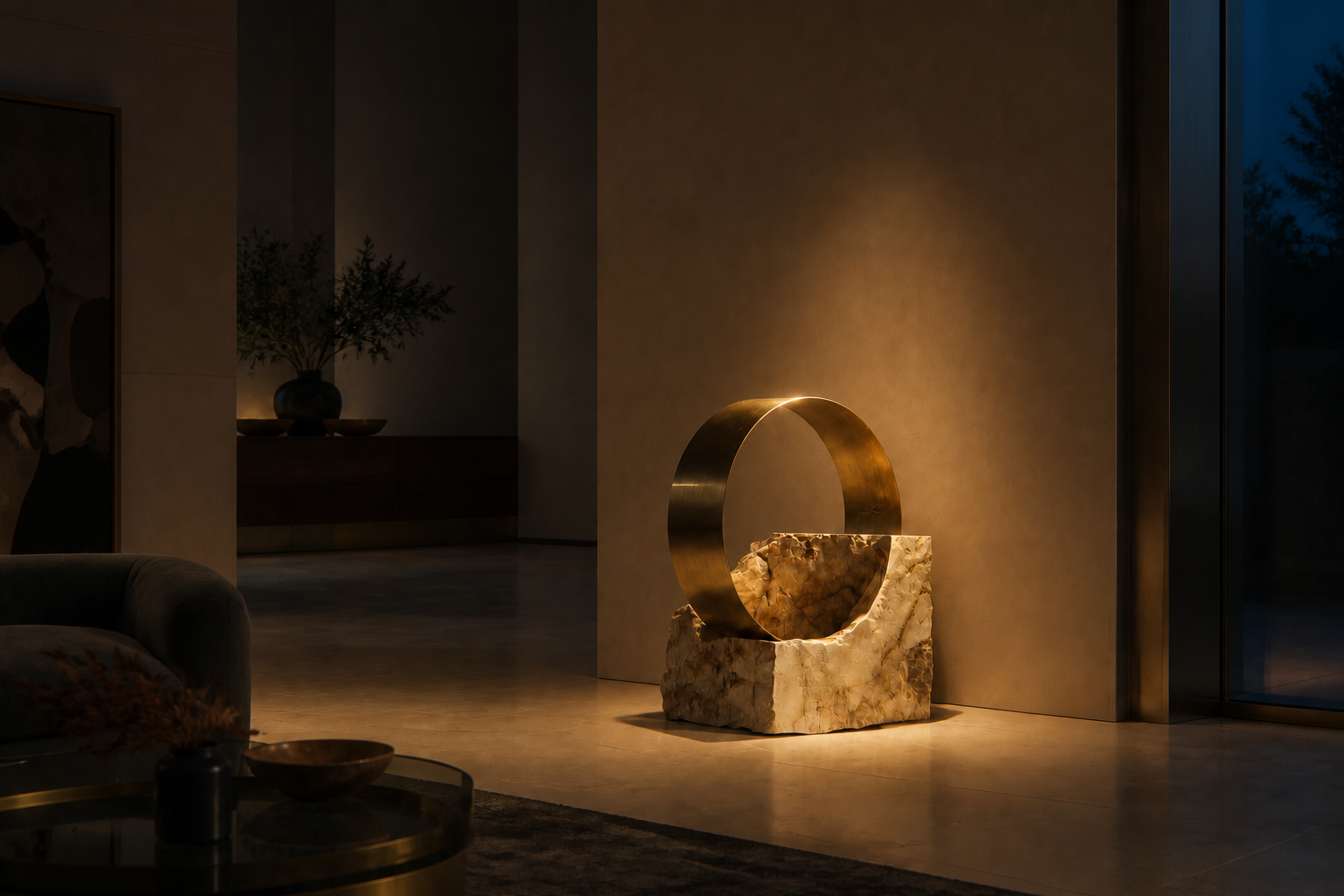 Menkar — Brass and limestone sculpture by 1-OPH