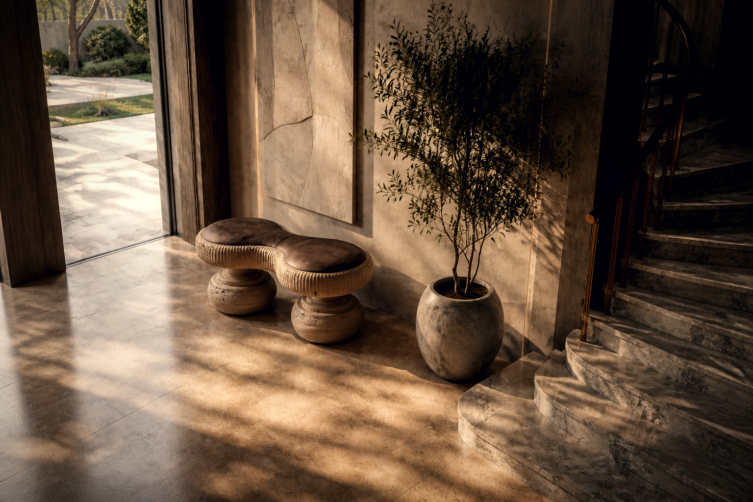 Riposo — travertine sculptural bench by 1-OPH