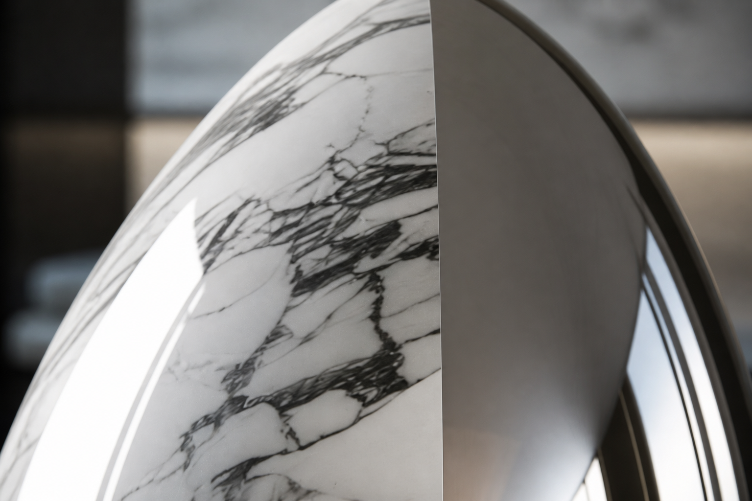 Prima — Marble and stainless steel egg sculpture by 1-OPH