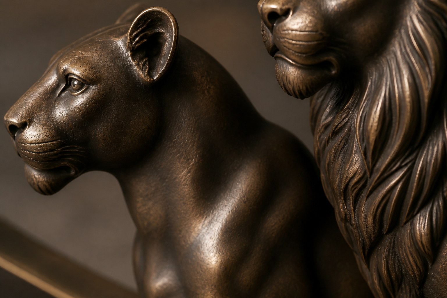 Warm bronze crescent sculpture Barranco balanced on its curve, a standing group at one end and a single raised figure at the other.