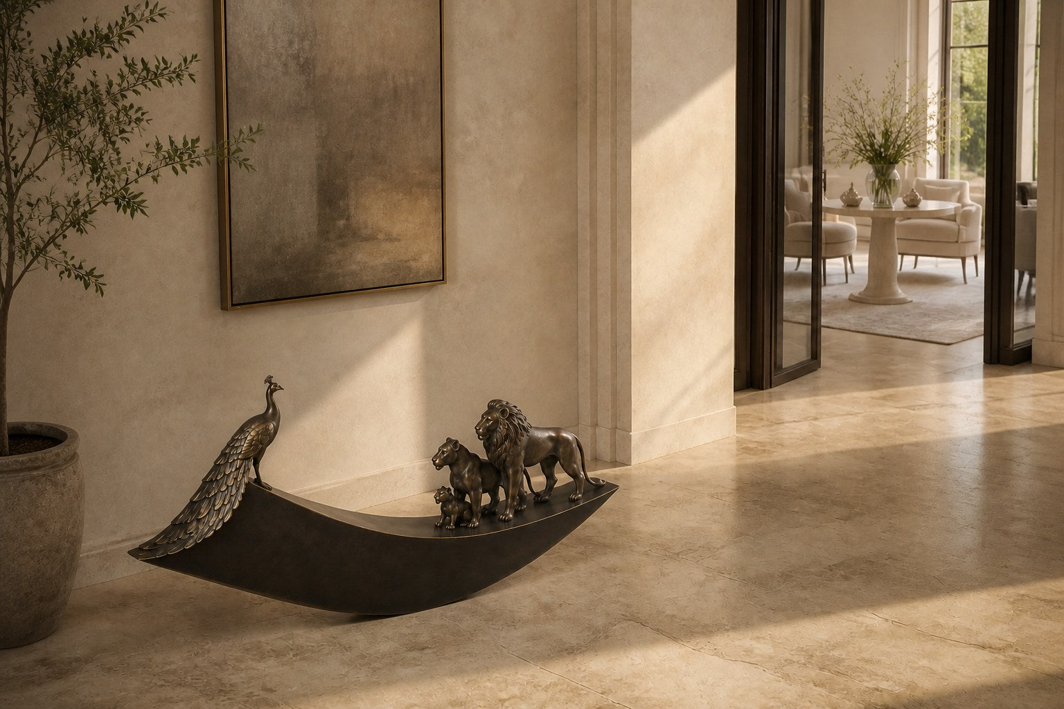 Warm bronze crescent sculpture Barranco balanced on its curve, a standing group at one end and a single raised figure at the other.