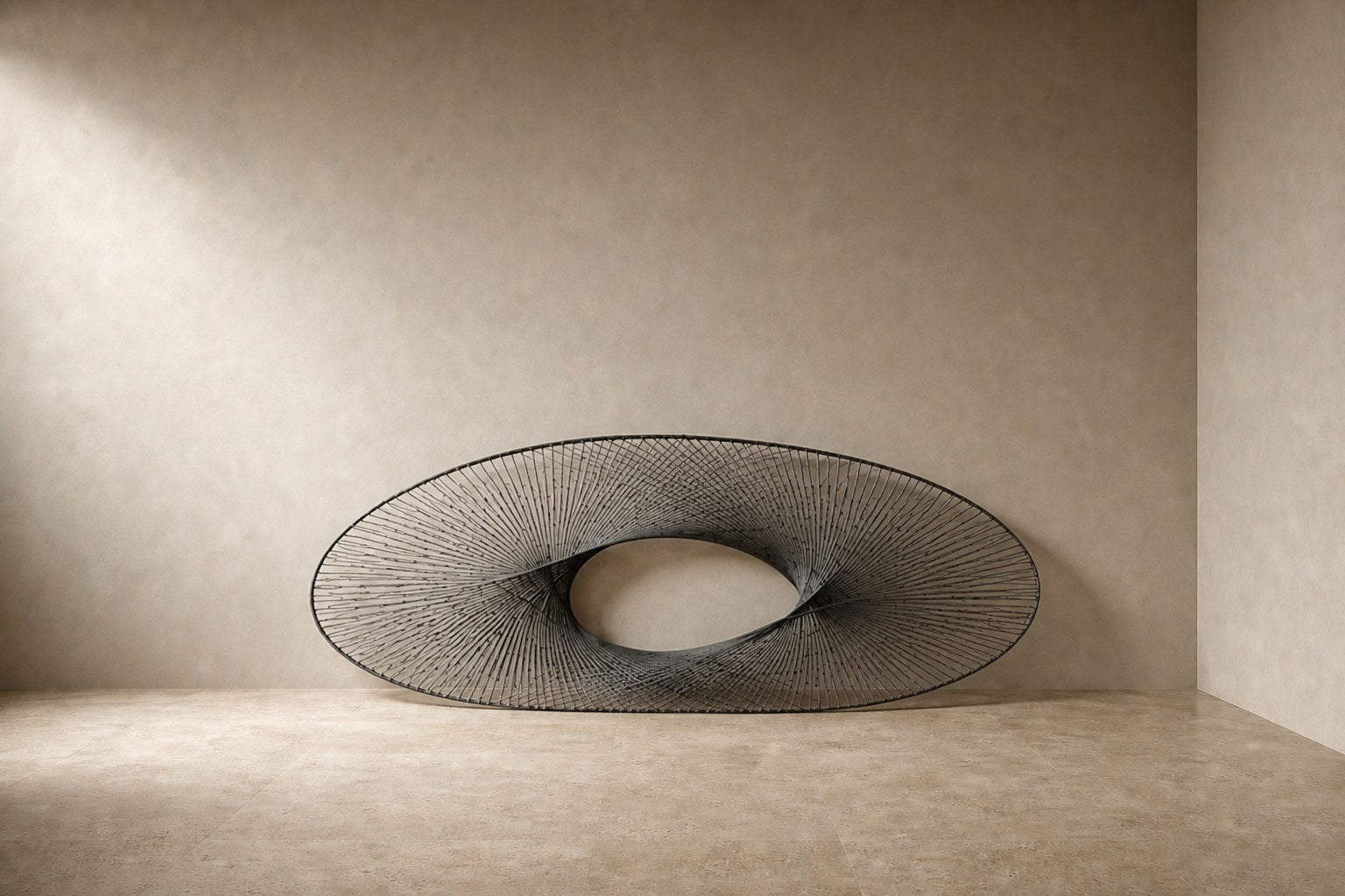 Broad woven-wire ellipse in pale grey with an open oval void, against a plaster wall.