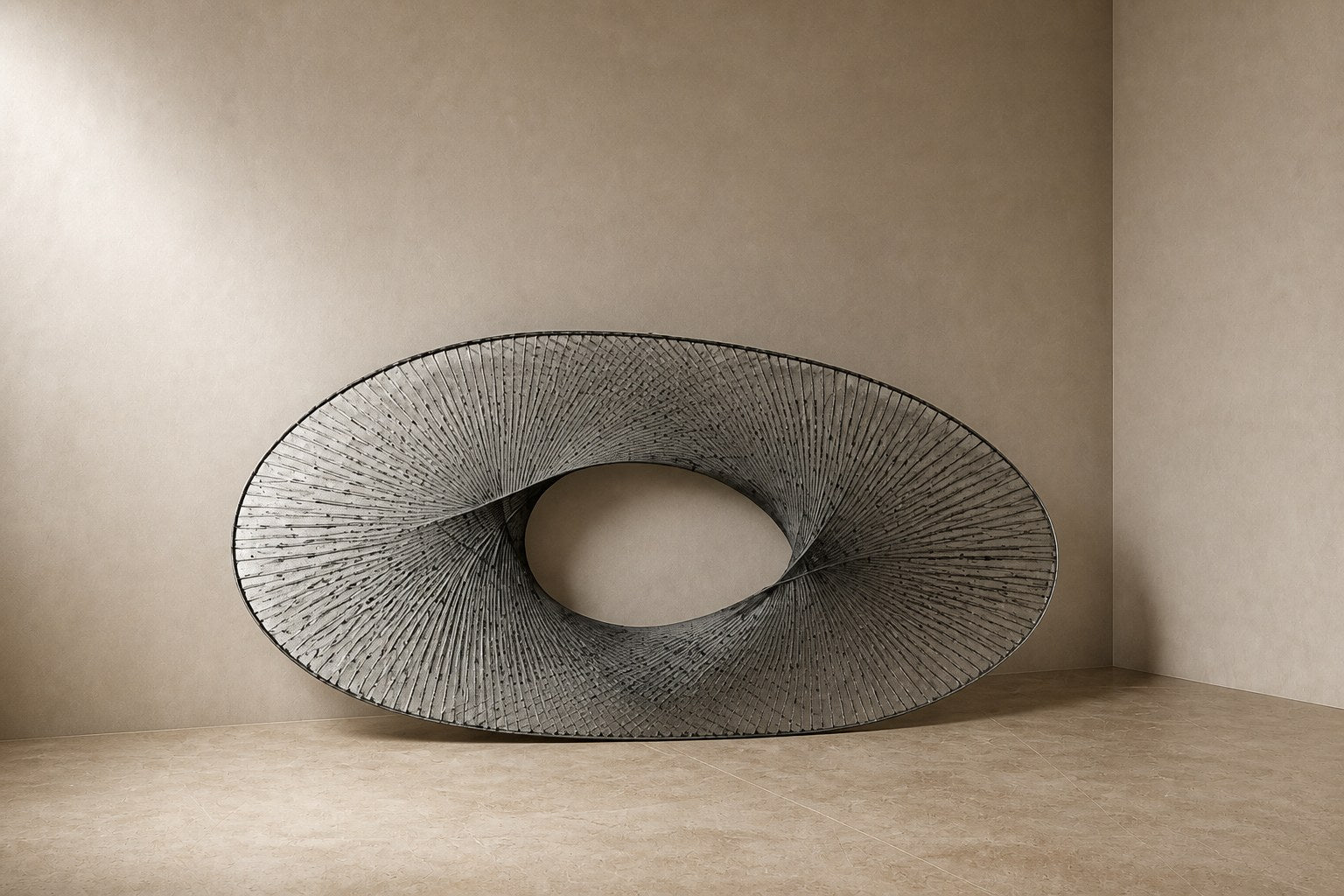 Broad woven-wire ellipse in pale grey with an open oval void, against a plaster wall.