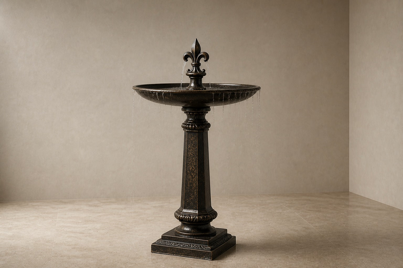 Stone pedestal fountain Brimala Ø65, mottled dark bronze-brown, on a pale stone floor.