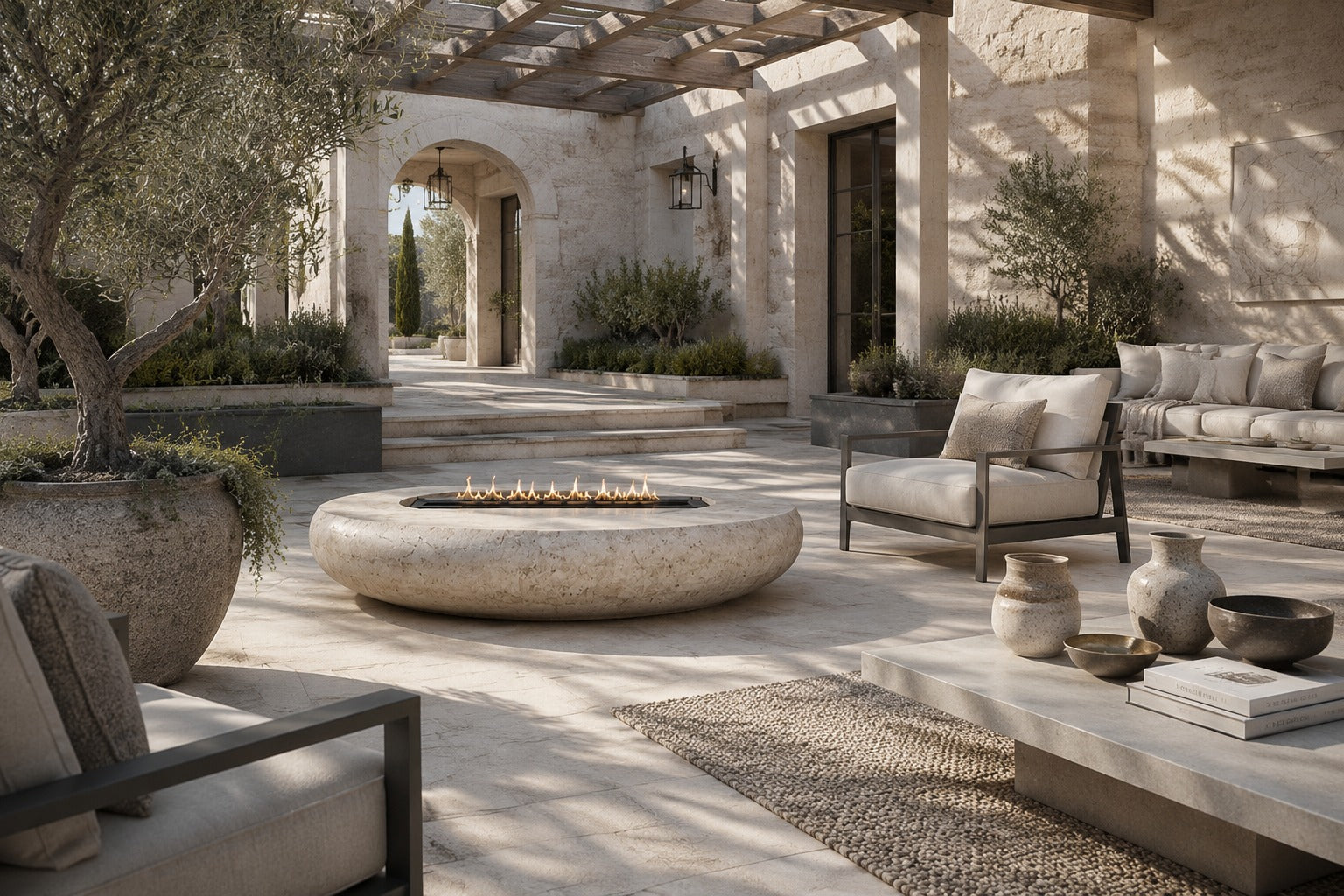 Pale fossil travertine fire bowl Bruna Ø180, pale cream with dense fossil shell, on a pale stone floor.