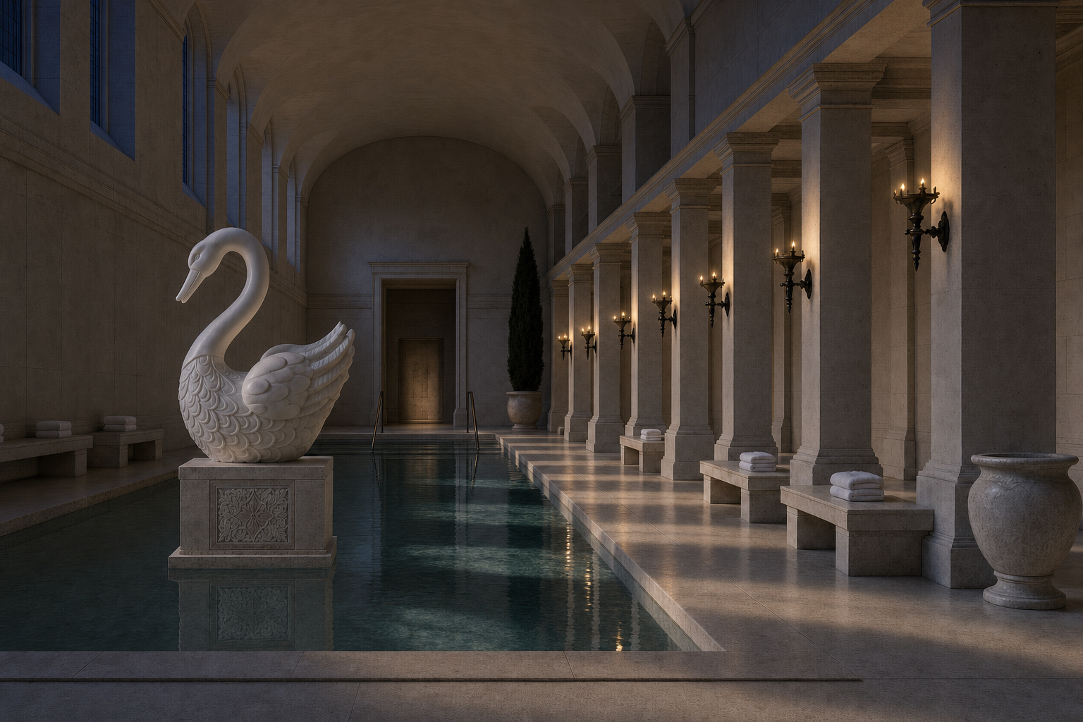 Nivara carved white marble swan sculpture by 1-OPH