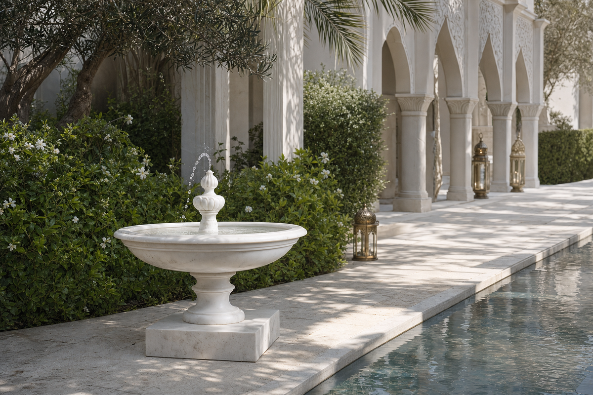 Caserta stone tiered fountain, installed against a stone wall in a daylit room