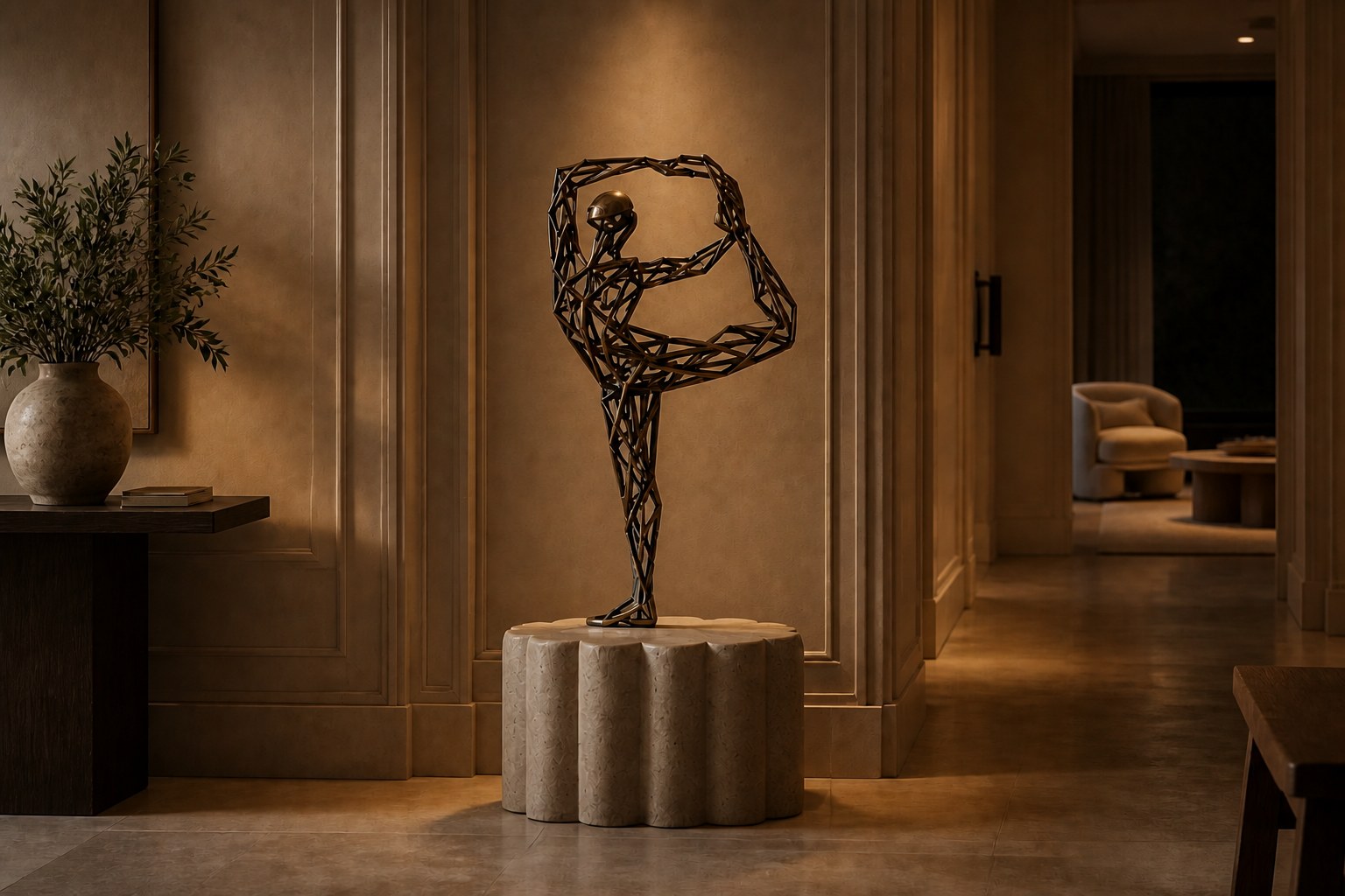 Bronze strut-cage figure sculpture Centina in a backbend on one leg, gilt and blackened, on a fluted travertine drum plinth.