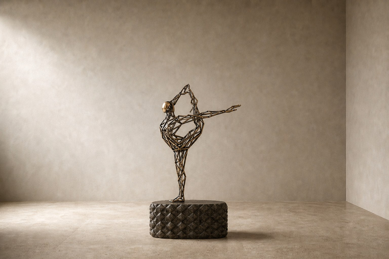 Bronze strut-cage figure sculpture Cesello in arabesque with arm extended, on a dark quilted stone block.