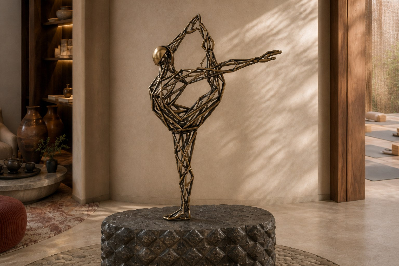 Bronze strut-cage figure sculpture Cesello in arabesque with arm extended, on a dark quilted stone block.