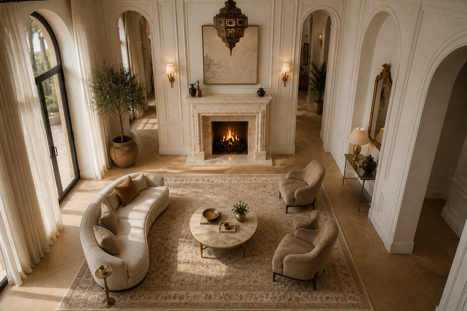 Dafa crema marfil marble fireplace mantel by 1-OPH, seen from above