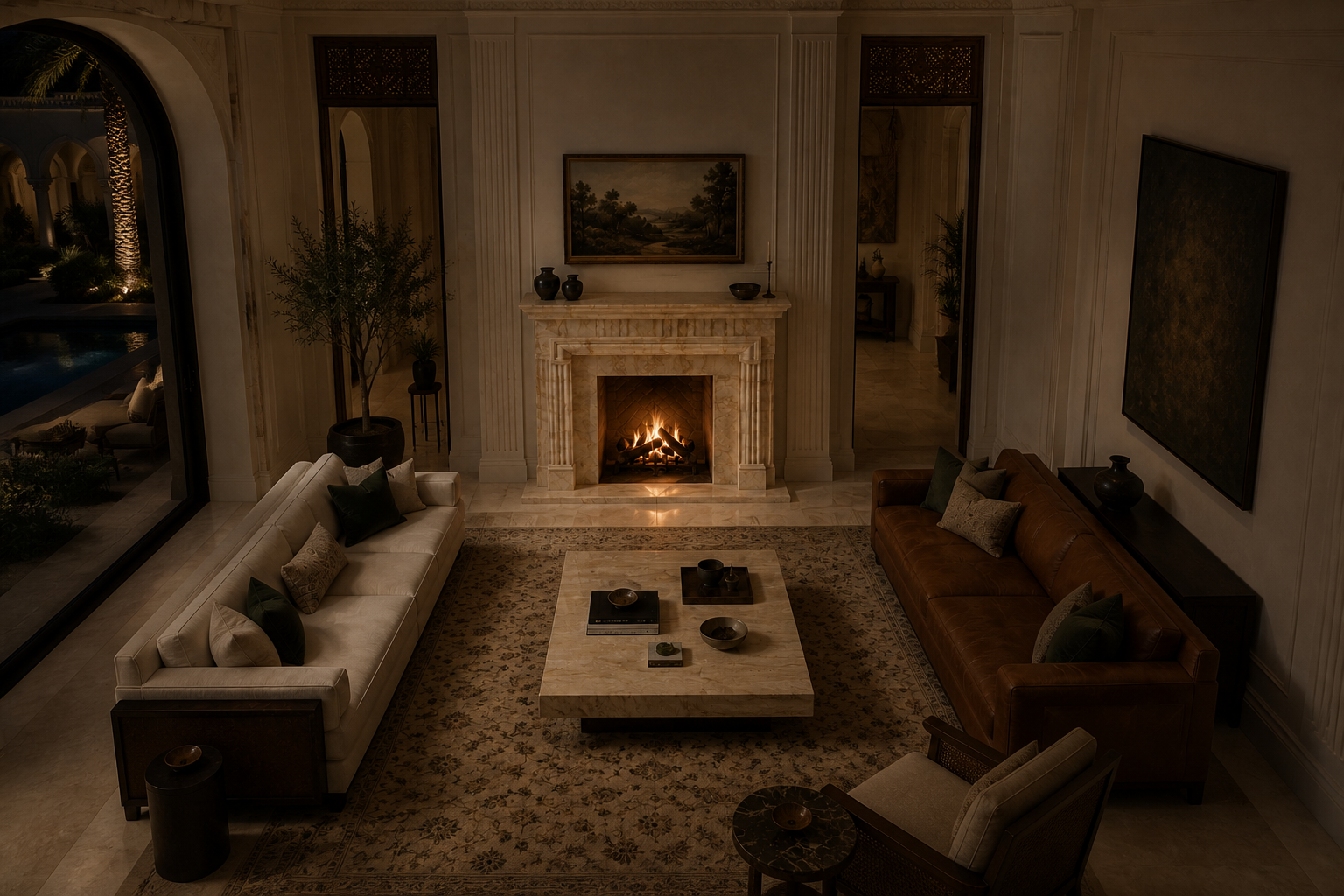 Nagomi crema marfil marble fireplace mantel by 1-OPH, seen from above