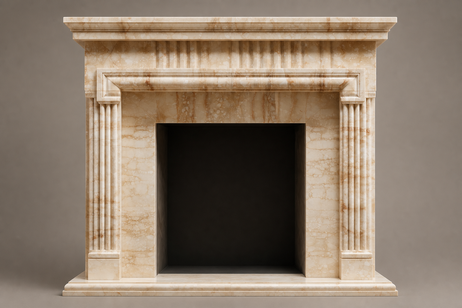 Nagomi crema marfil marble fireplace mantel by 1-OPH, side elevation