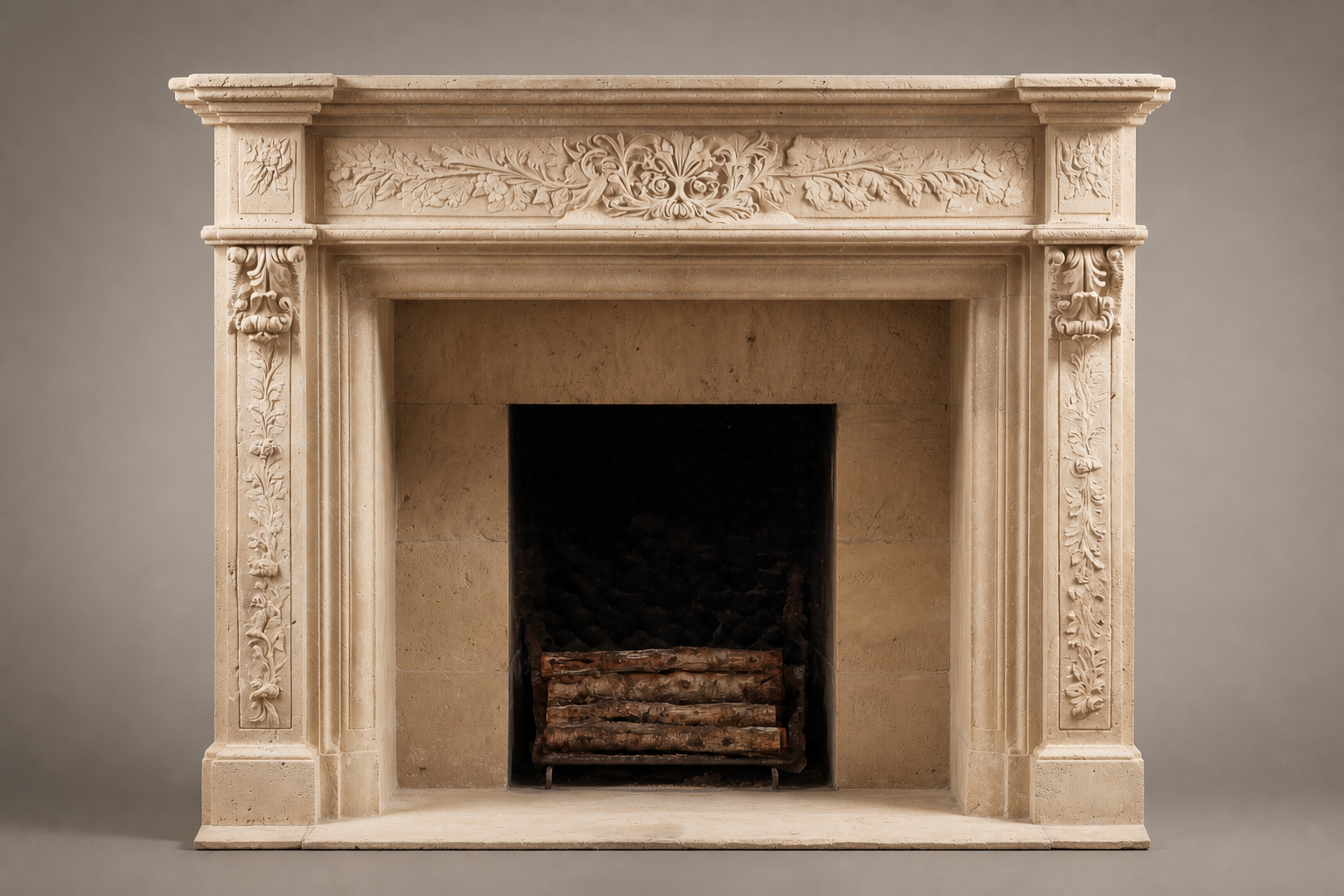 Cantera travertine fireplace mantel by 1-OPH, side elevation