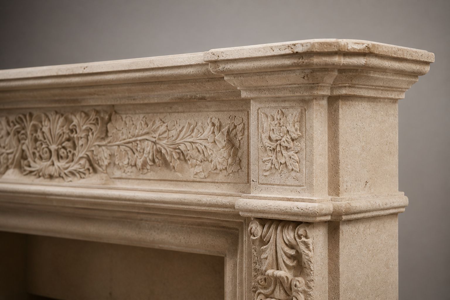 Cantera travertine fireplace mantel by 1-OPH, surface detail