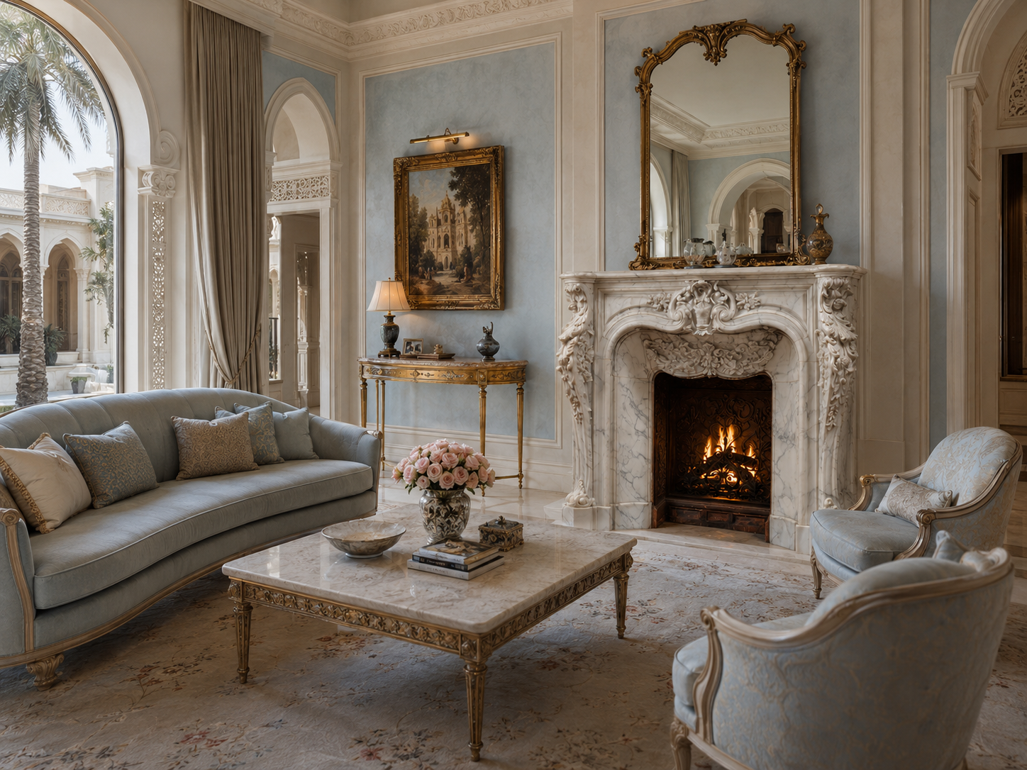 Zahra white marble fireplace mantel by 1-OPH, in a Dubai interior