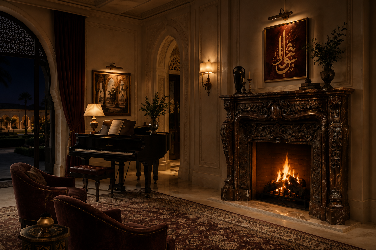 Verona rouge marble fireplace mantel by 1-OPH, lit at night
