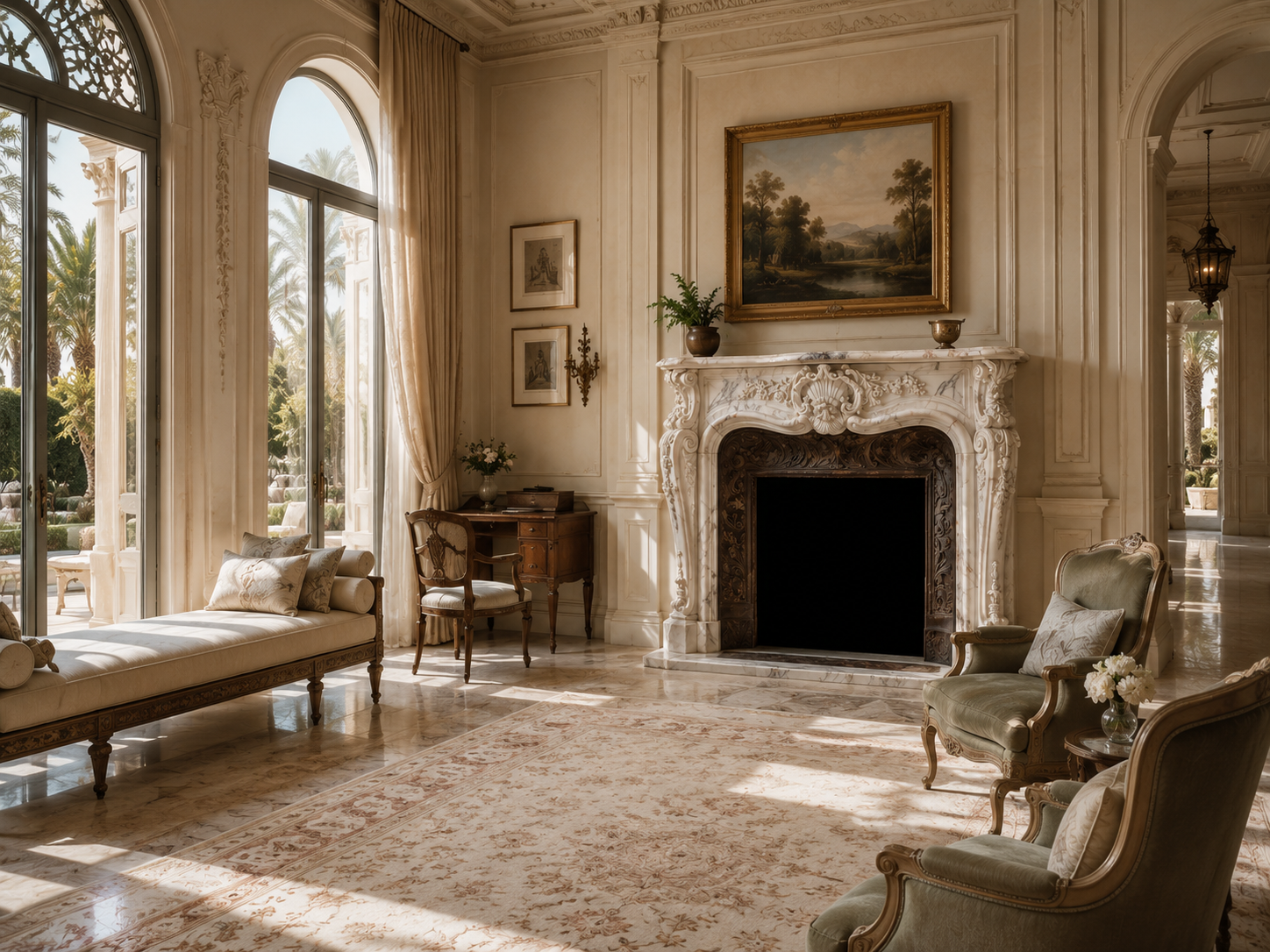 Fiora white marble fireplace mantel by 1-OPH, in a Dubai interior