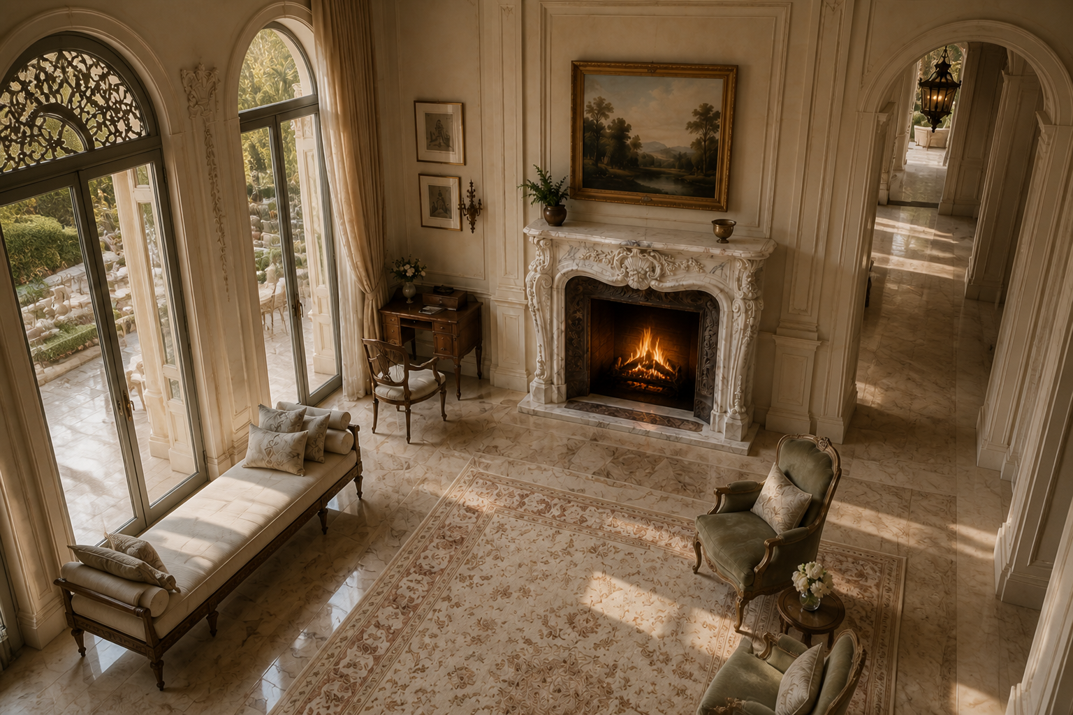 Fiora white marble fireplace mantel by 1-OPH, seen from above