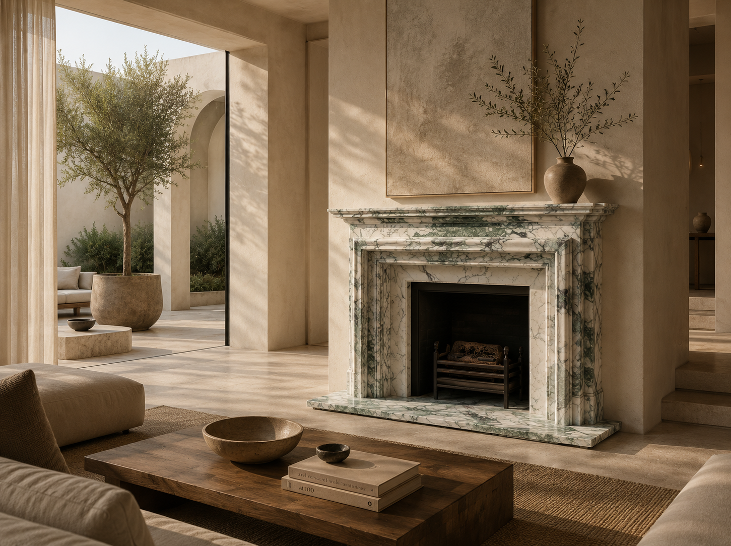 Alameda calacatta verde marble fireplace mantel by 1-OPH, in a Dubai interior