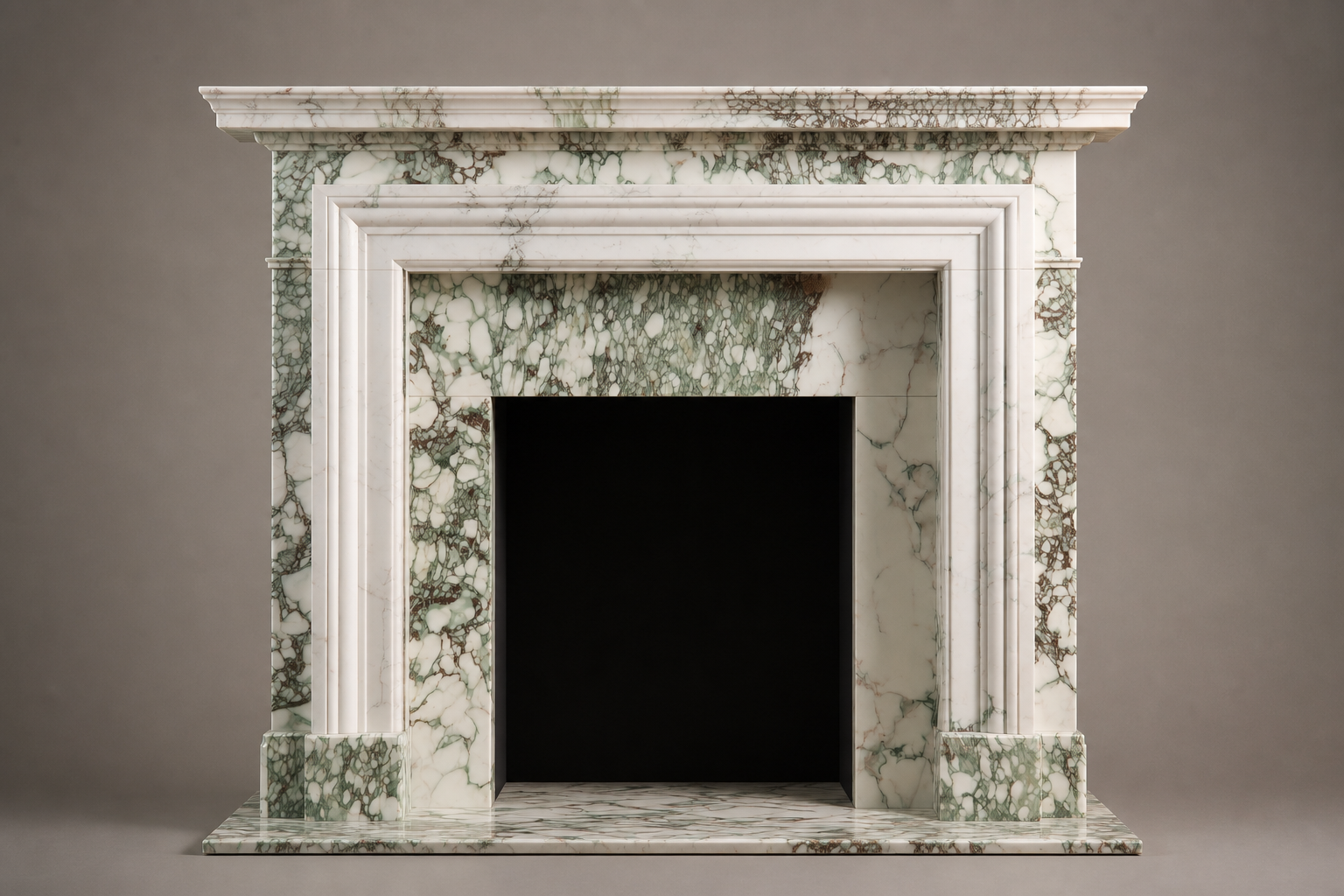 Ribera calacatta verde marble fireplace mantel by 1-OPH, side elevation