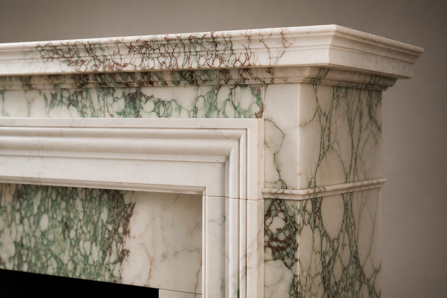 Ribera calacatta verde marble fireplace mantel by 1-OPH, surface detail