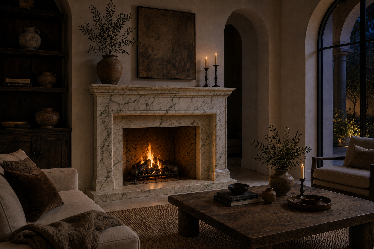 Colina calacatta verde marble fireplace mantel by 1-OPH, lit at night