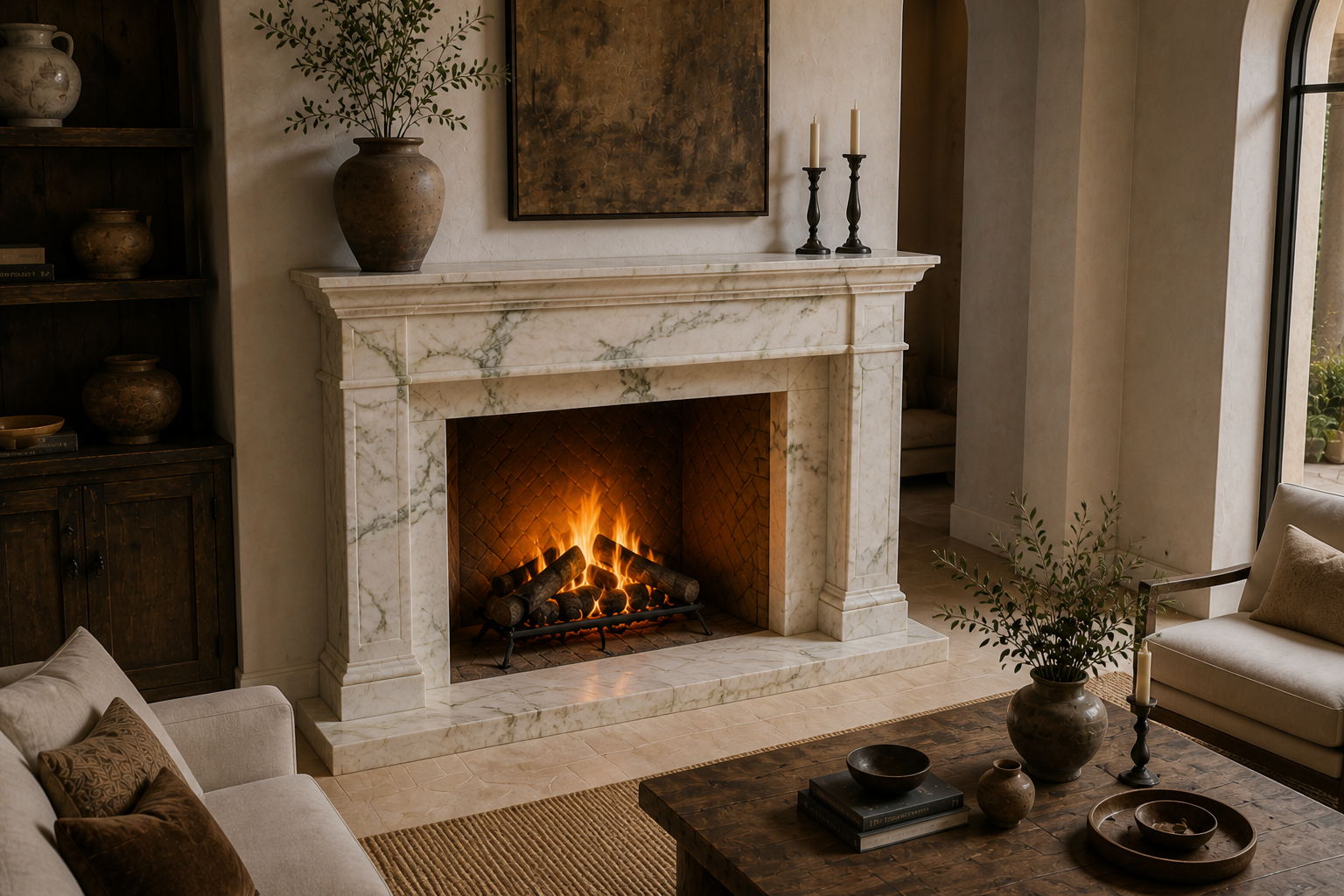 Colina calacatta verde marble fireplace mantel by 1-OPH, carved detail