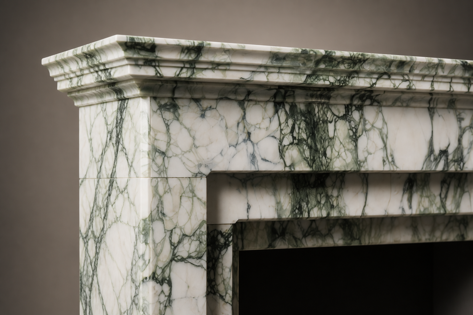 Colina calacatta verde marble fireplace mantel by 1-OPH, surface detail