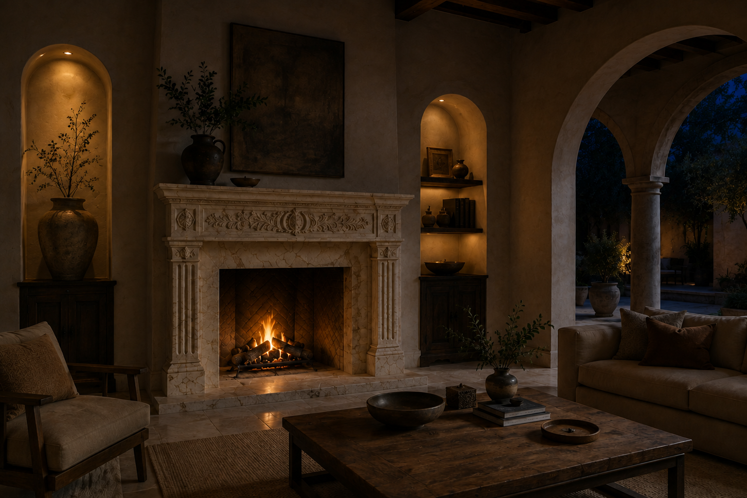 Quiete calacatta marble fireplace mantel by 1-OPH, lit at night