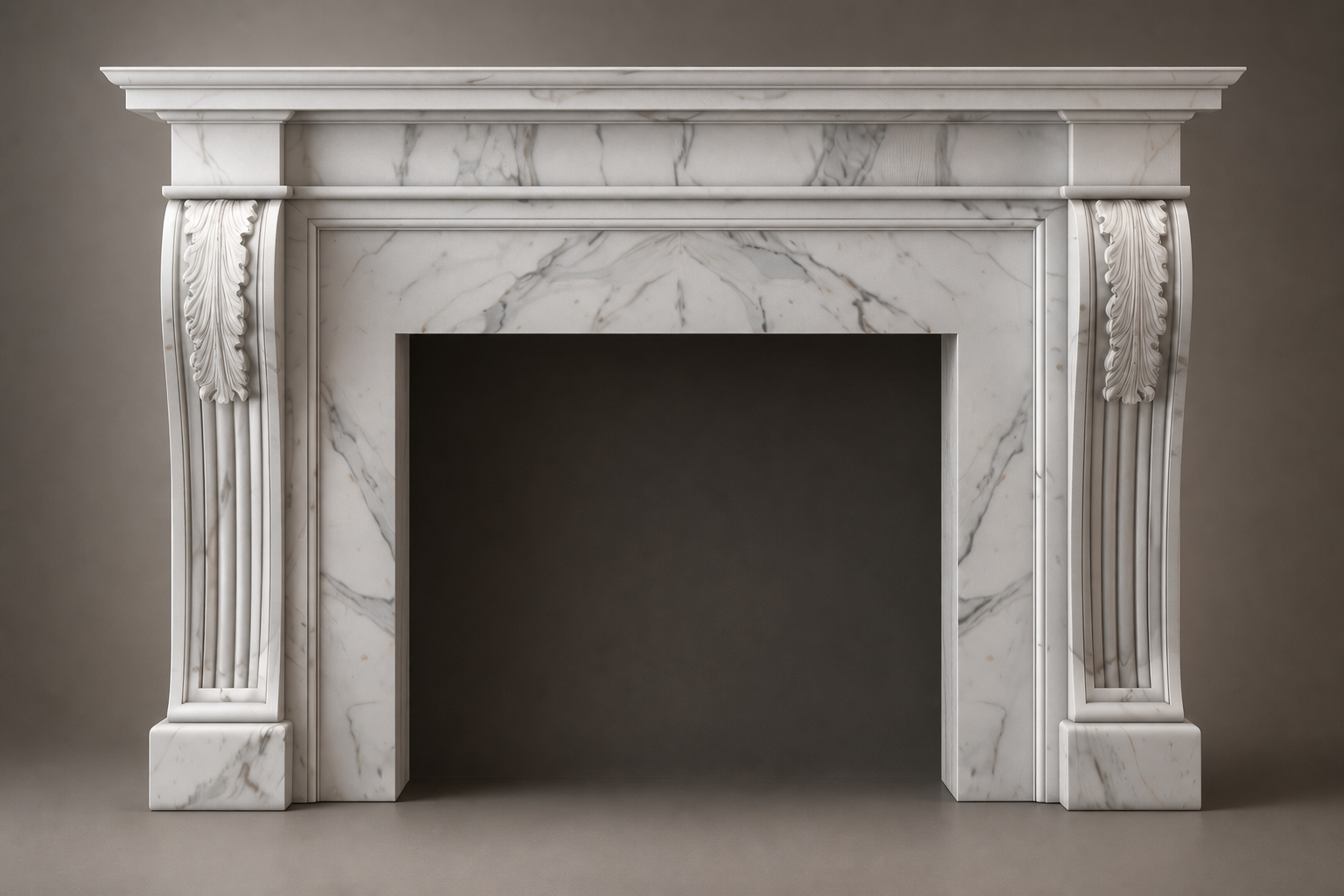 Quiete calacatta marble fireplace mantel by 1-OPH, side elevation