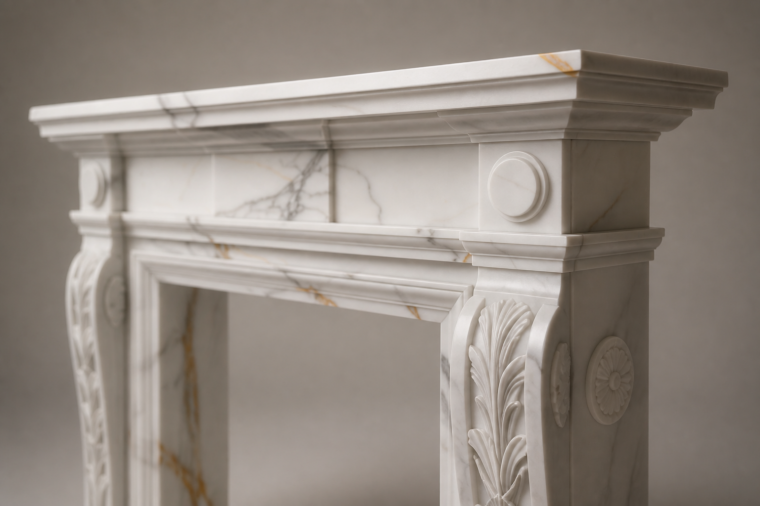 Tomora calacatta marble fireplace mantel by 1-OPH, surface detail