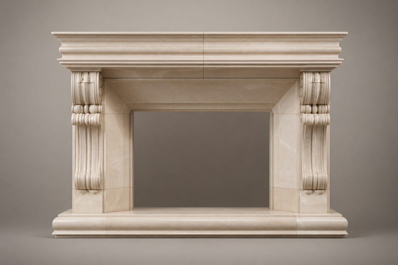 Calore cream marble fireplace mantel by 1-OPH, side elevation