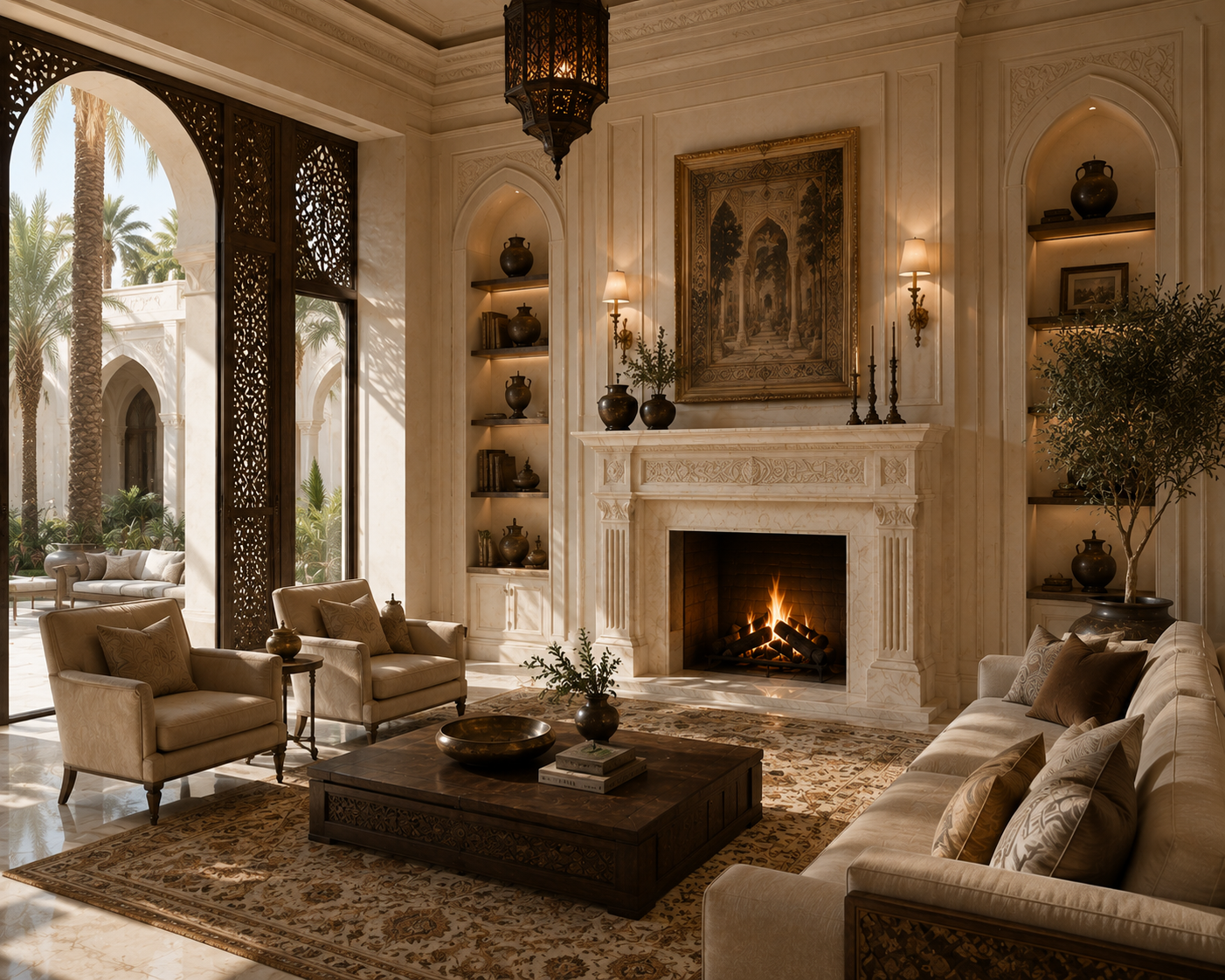 Sakan cream marble fireplace mantel by 1-OPH, in a Dubai interior