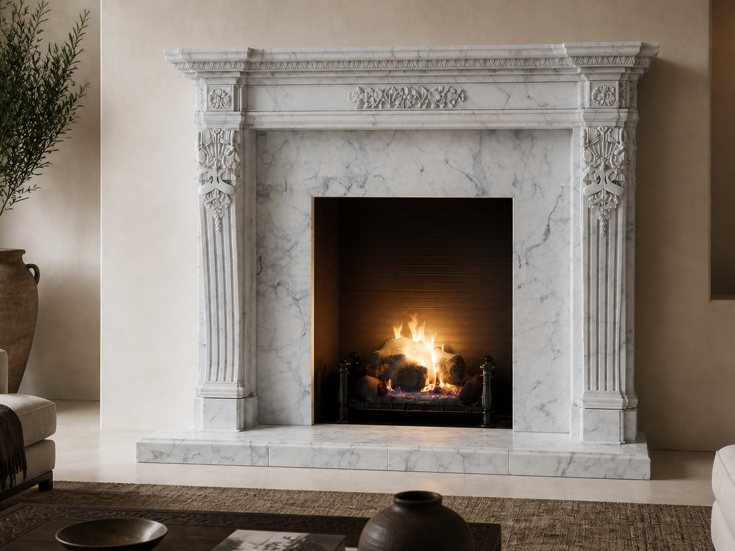 Nobile calacatta marble fireplace mantel by 1-OPH, carved detail