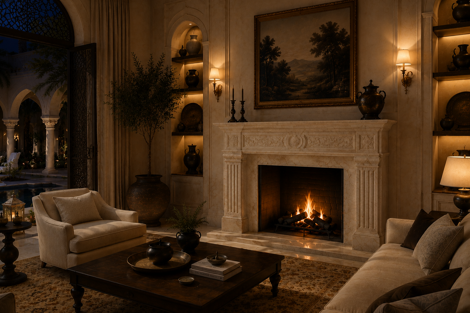 Salwa warm cream marble fireplace mantel by 1-OPH, lit at night