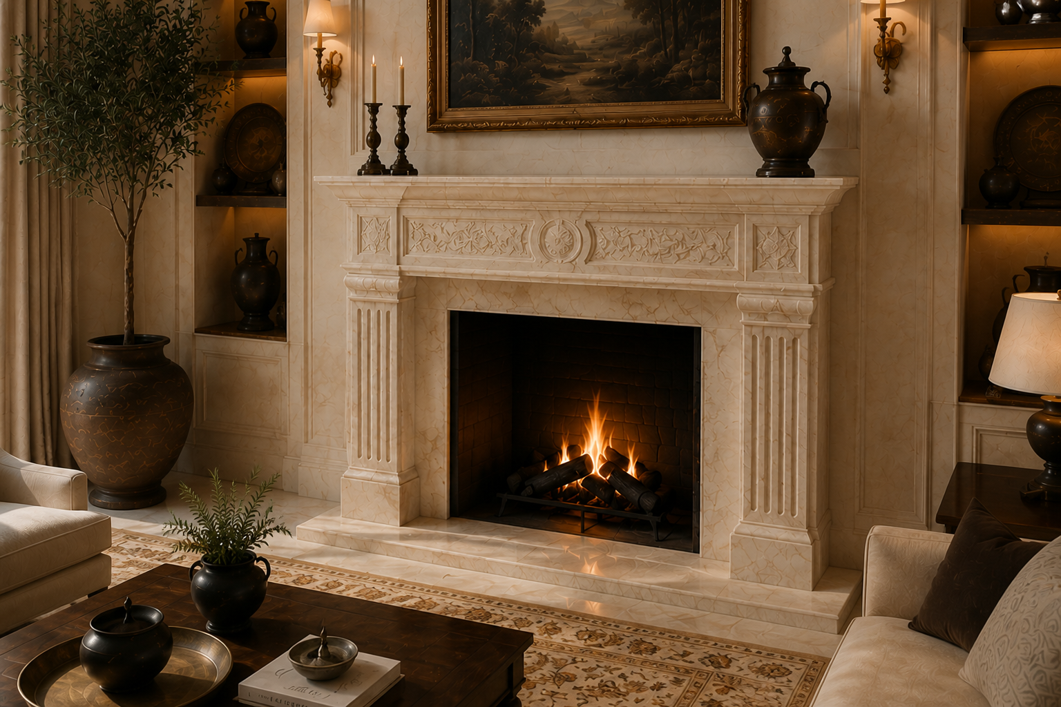Salwa warm cream marble fireplace mantel by 1-OPH, carved detail