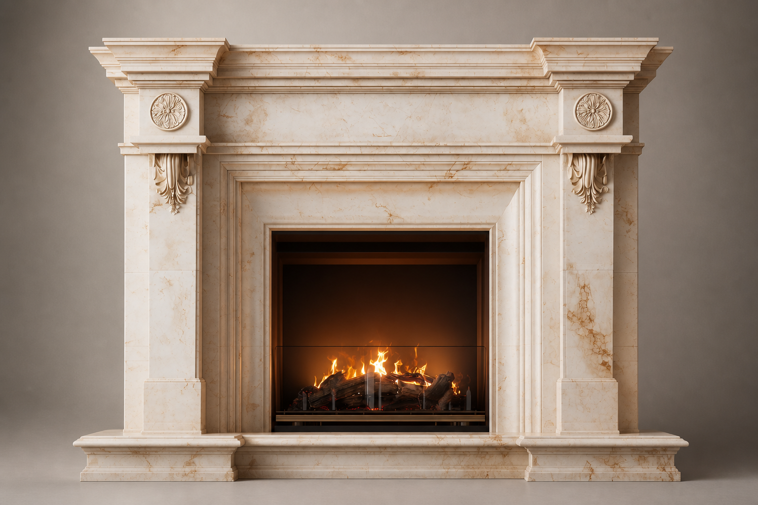 Salwa warm cream marble fireplace mantel by 1-OPH, side elevation