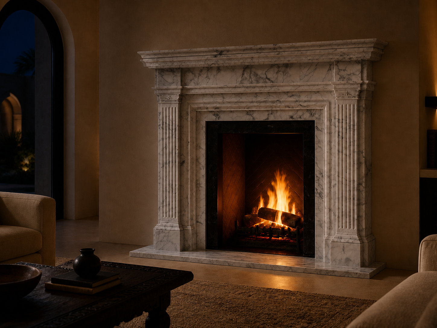 Yuki bright white marble fireplace mantel by 1-OPH, lit at night