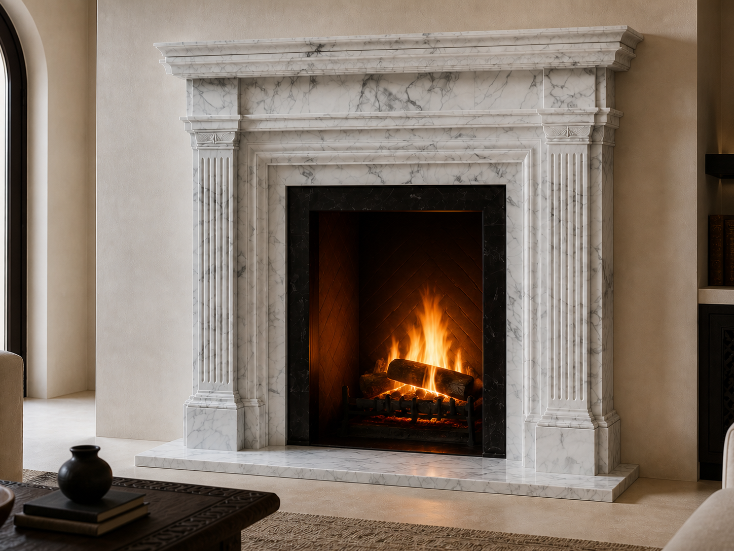 Yuki bright white marble fireplace mantel by 1-OPH, carved detail