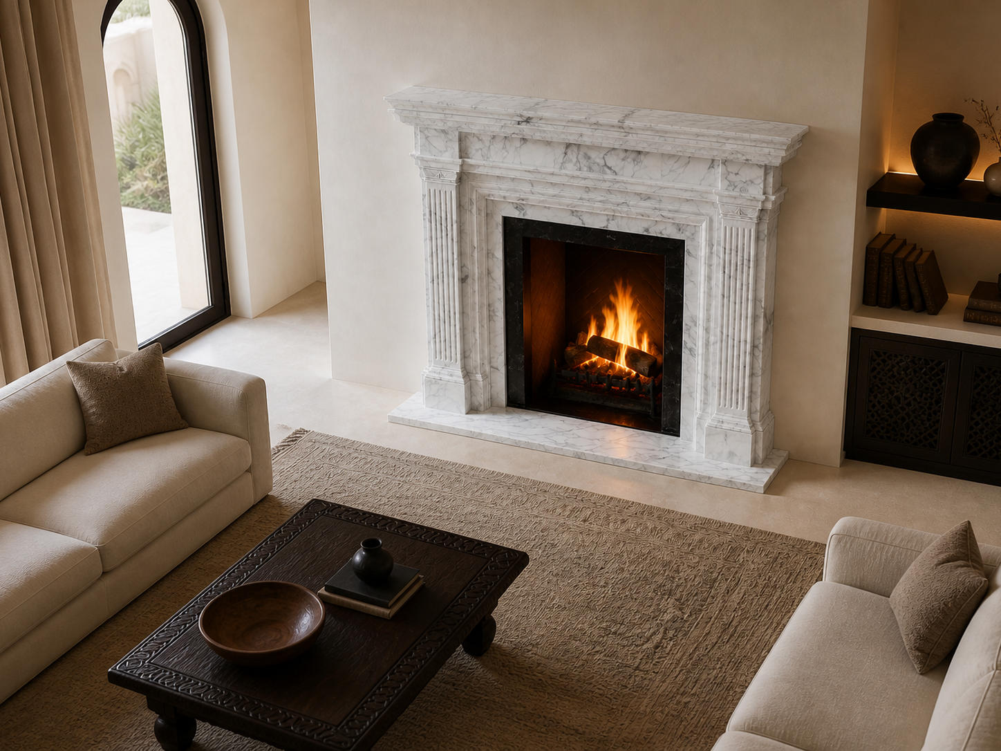 Yuki bright white marble fireplace mantel by 1-OPH, seen from above