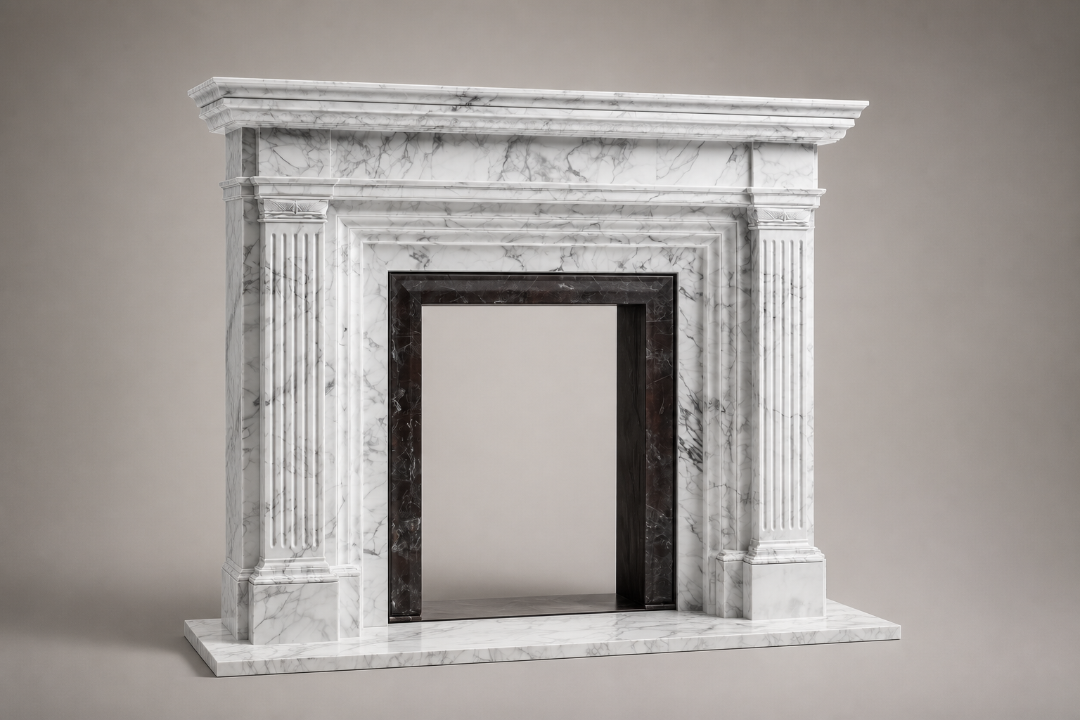 Yuki bright white marble fireplace mantel by 1-OPH, studio view