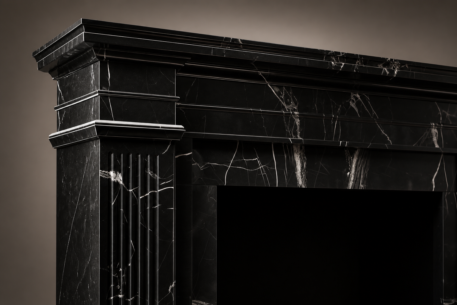 Shibui nero marquina marble fireplace mantel by 1-OPH, surface detail