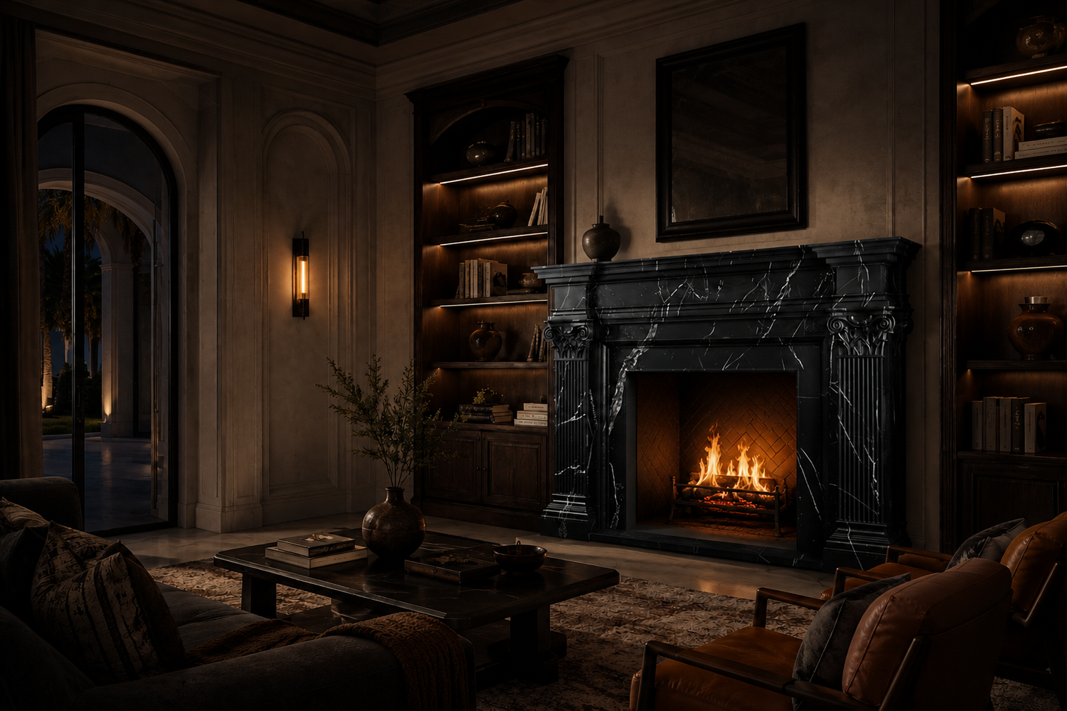 Ravenna nero marquina marble fireplace mantel by 1-OPH, lit at night