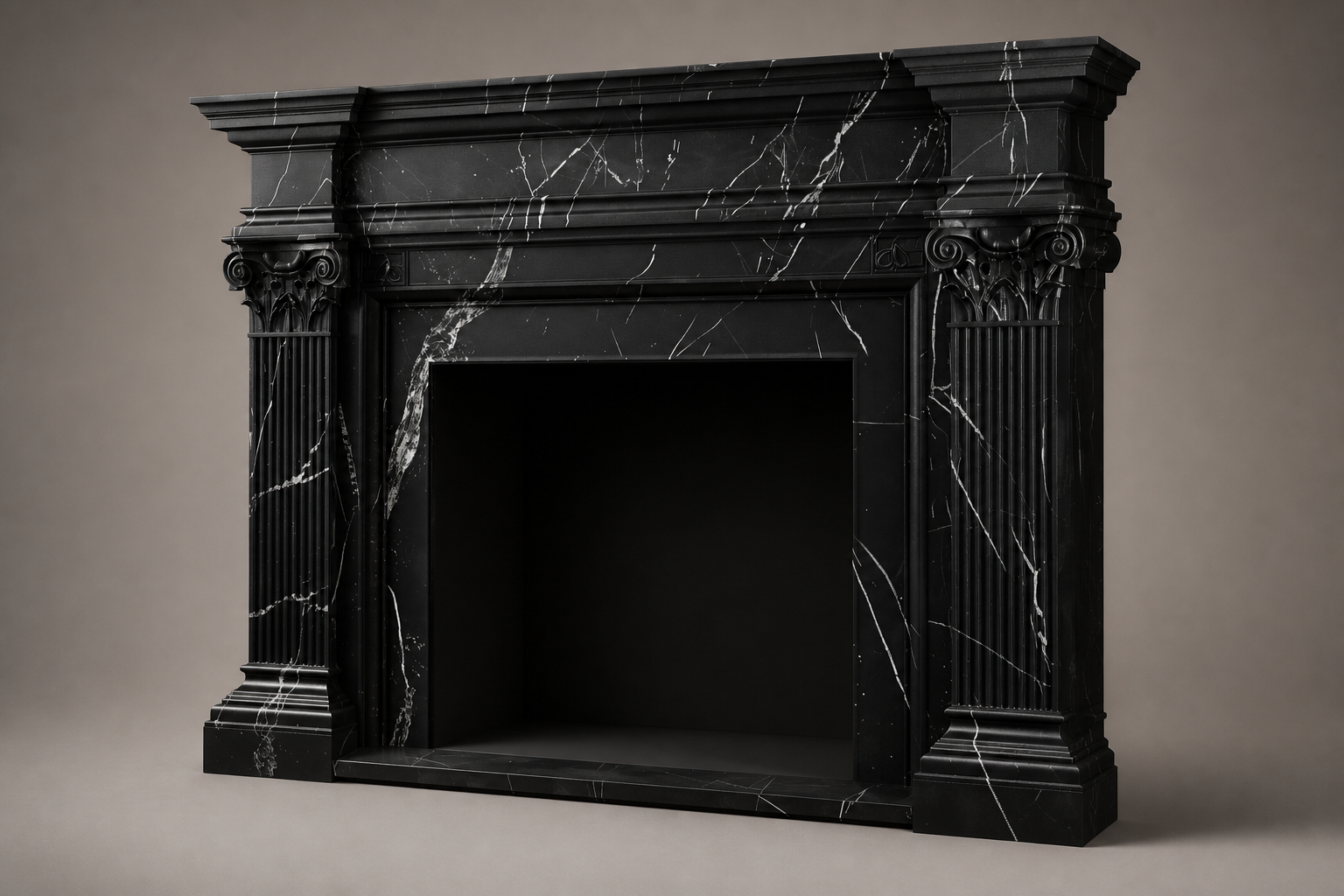 Ravenna nero marquina marble fireplace mantel by 1-OPH, studio view