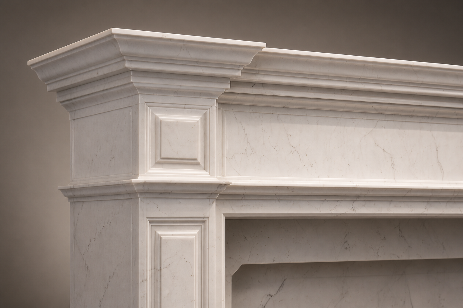 Nukumi white marble fireplace mantel by 1-OPH, surface detail