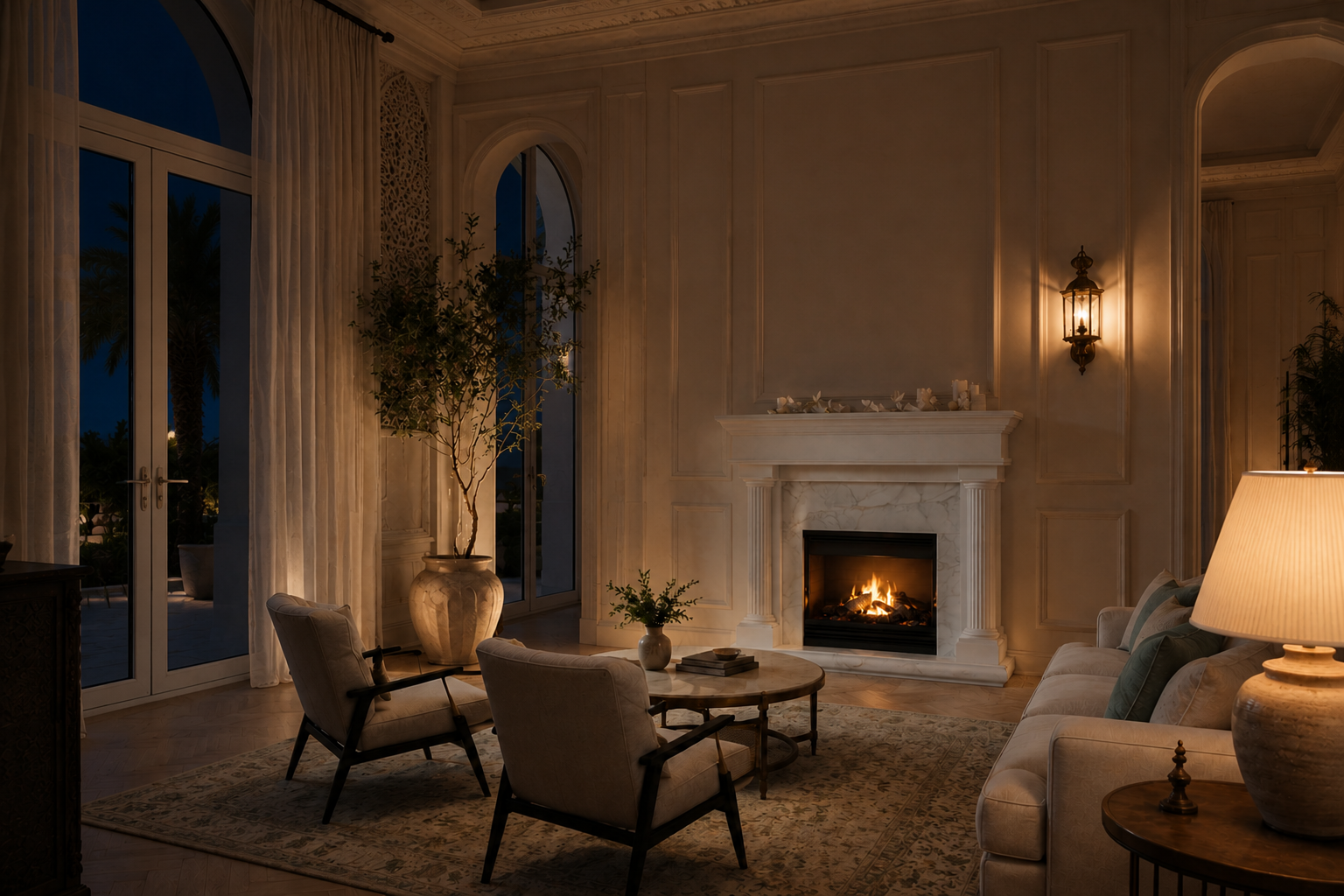 Sereno white marble fireplace mantel by 1-OPH, lit at night