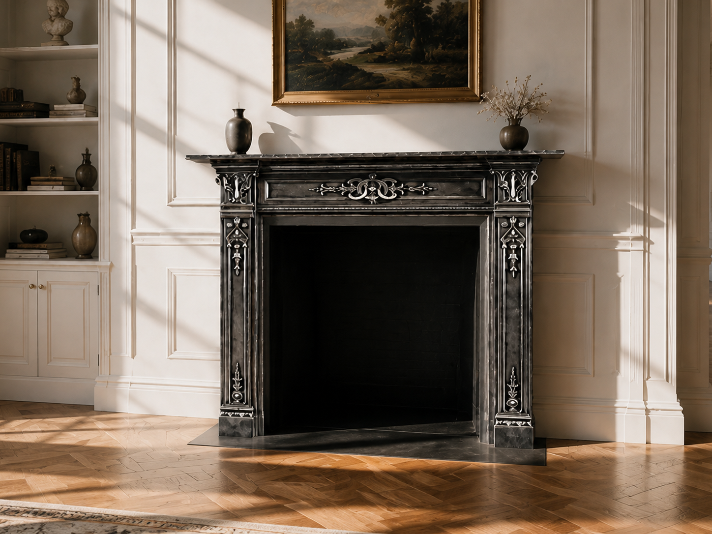 Homura black marble fireplace mantel by 1-OPH, carved detail